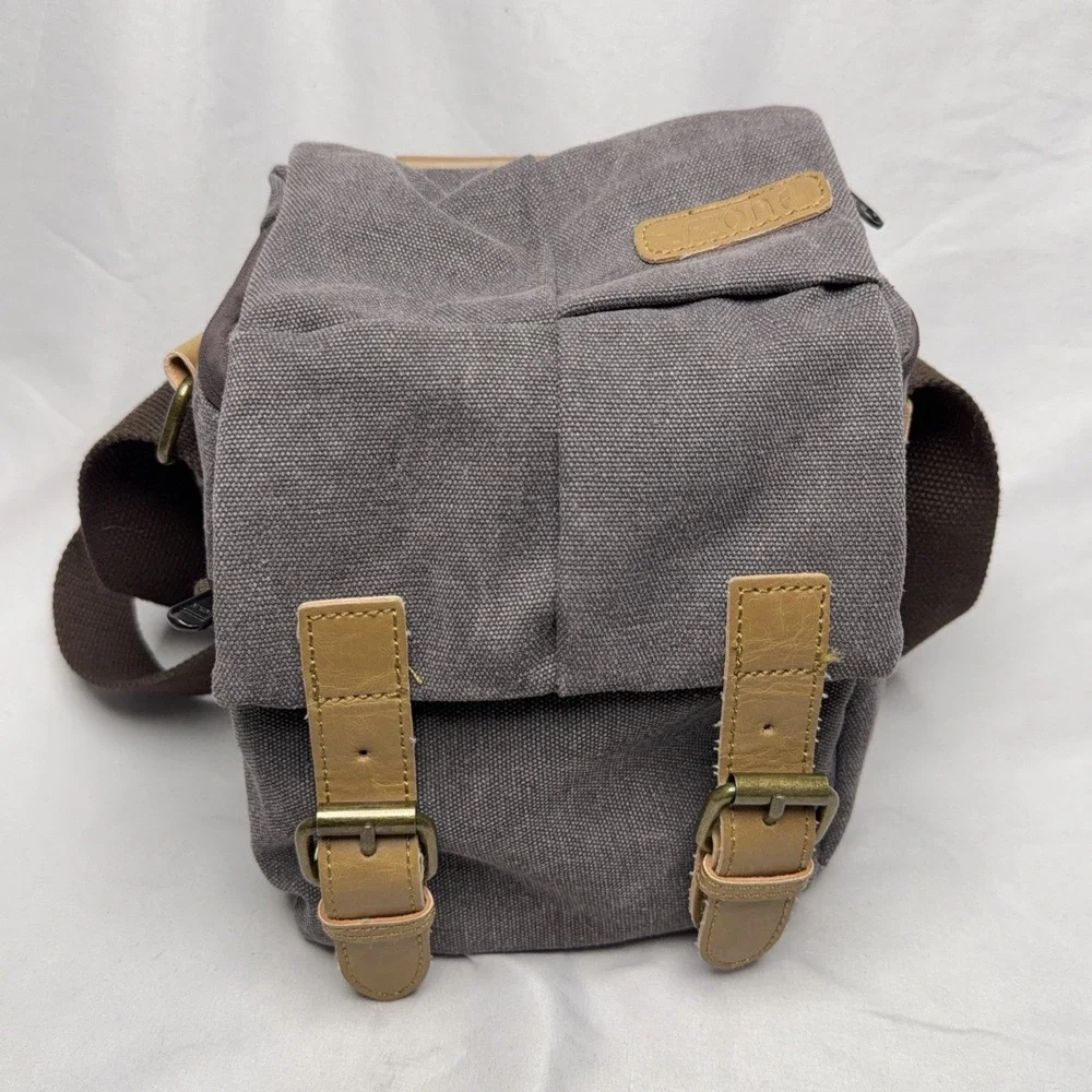 S-Zone DSLR Camera Bag Small Gray Canvas Leather Trim Padded Shoulder Travel